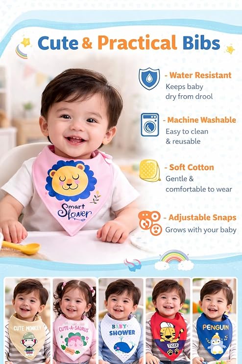 Baby wearing a bib with cartoon lion design, surrounded by images of other babies wearing different bibs.