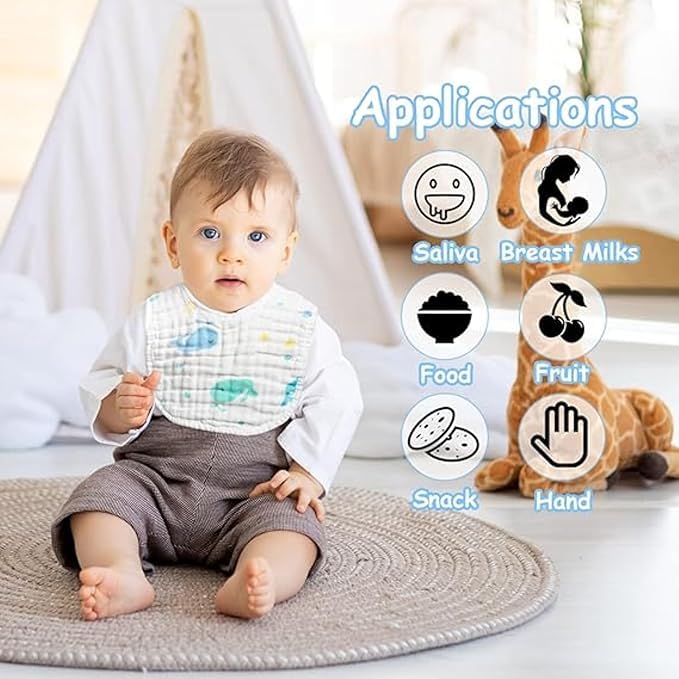 Baby wearing a bib with various applications depicted around it.