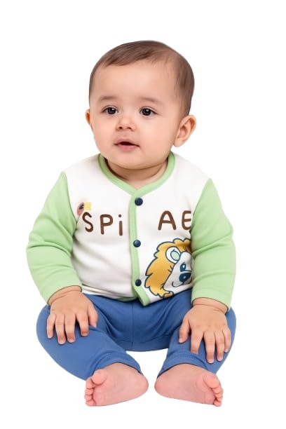 Baby wearing a green and white outfit with a lion design on a white background