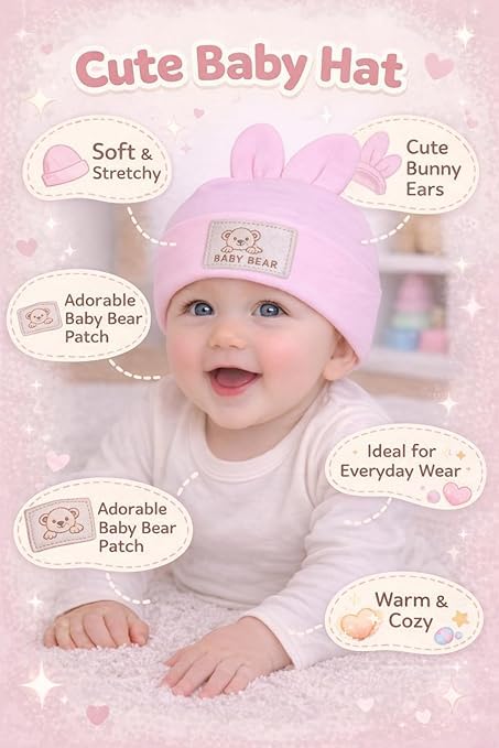 Baby wearing a pink baby hat with bunny ears and text highlighting features on a pink background.