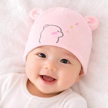 Baby wearing a pink bear hat on a white background