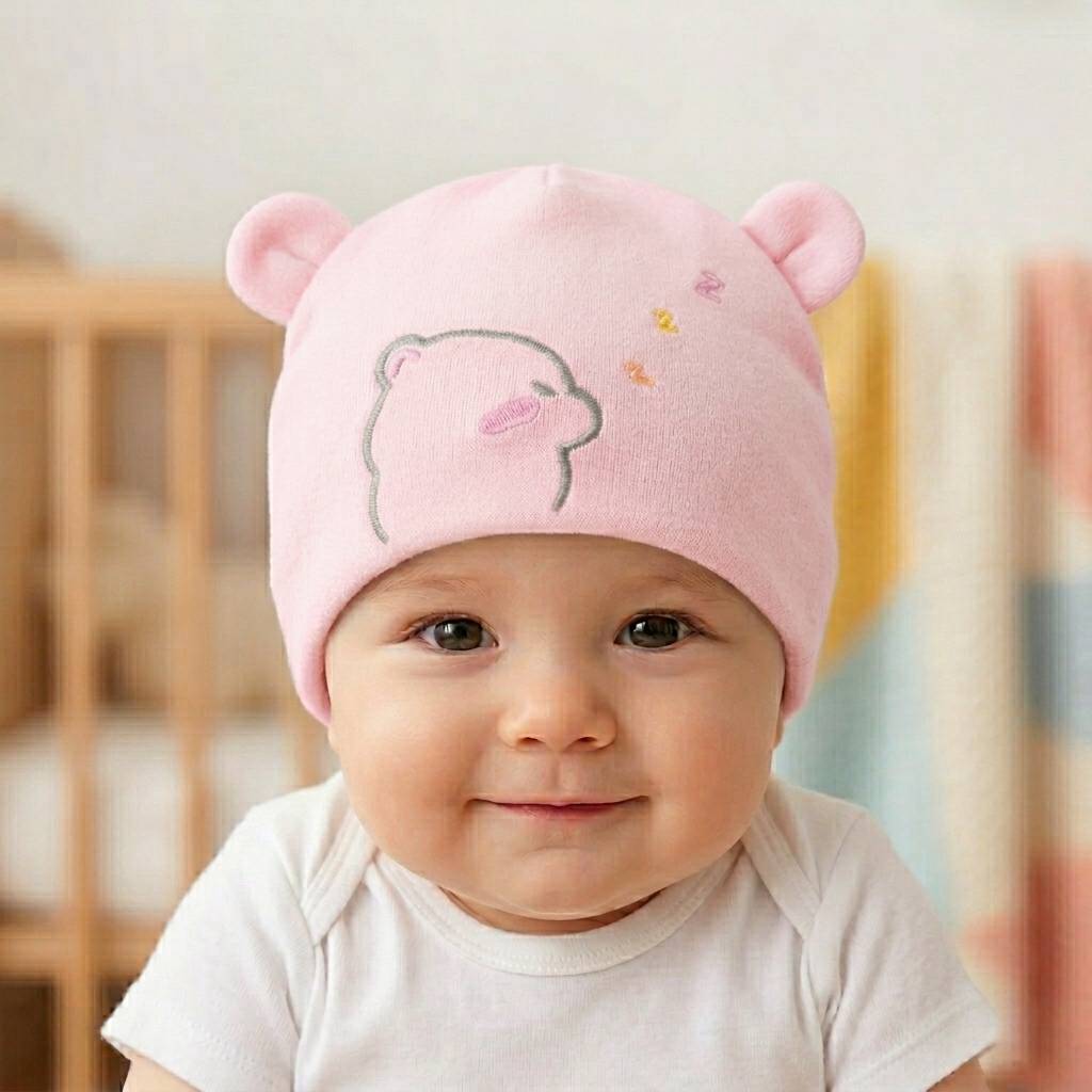 Baby wearing a pink hat with bear ears in a nursery setting