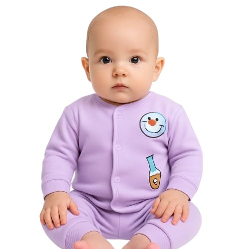 Baby wearing a purple onesie with cartoon character on a white background
