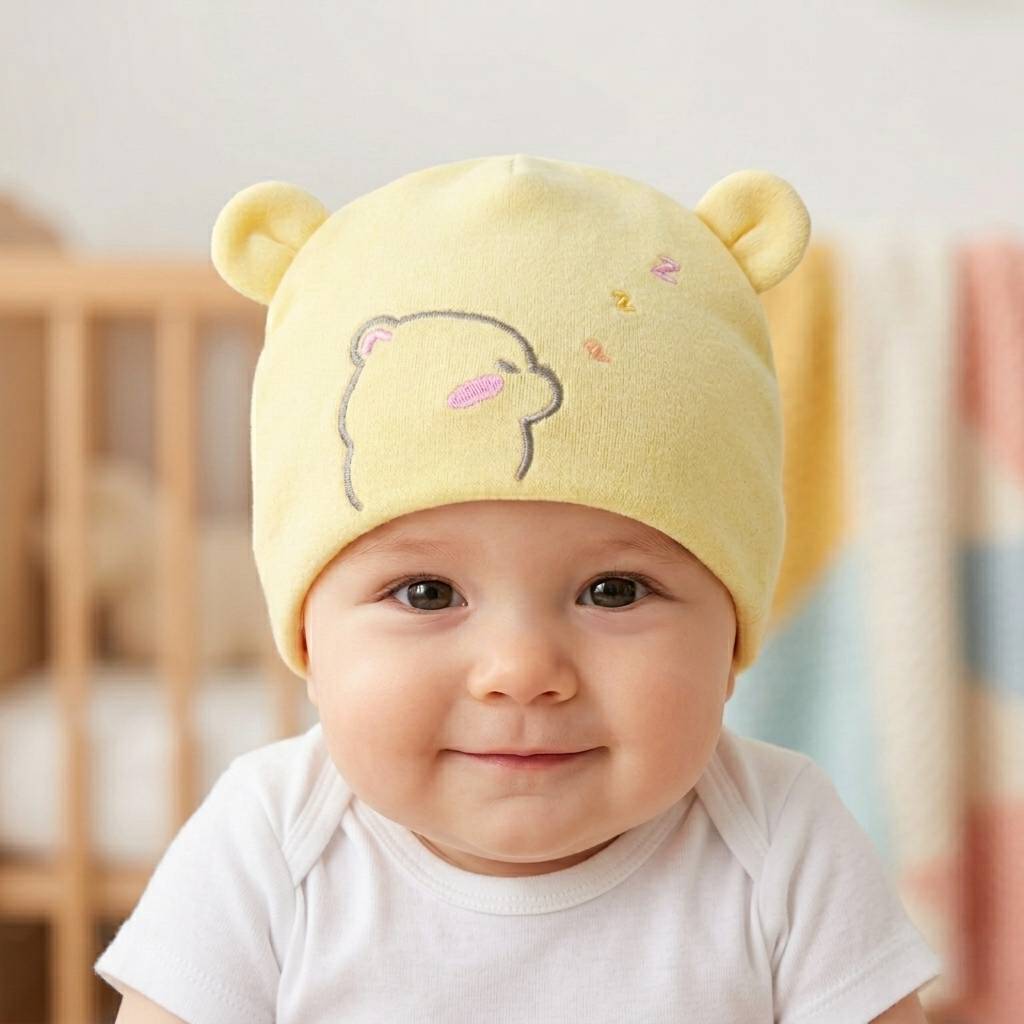 Baby wearing a yellow hat with bear ears and a cartoon face, smiling in a nursery.