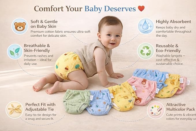 Baby wearing colorful cloth diapers with text highlighting features on a light background
