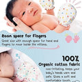 Baby wearing colorful mittens with text about room space for fingers and organic cotton fabric.