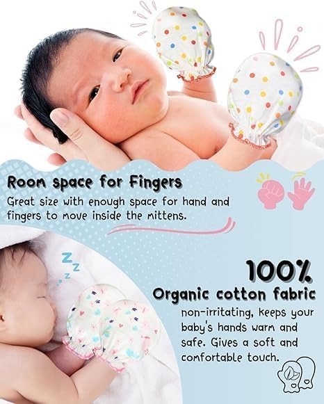 Baby wearing colorful mittens with text about room space for fingers and organic cotton fabric.