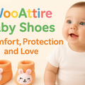 Baby with WoOAttire baby shoes and text about comfort, protection, and love.