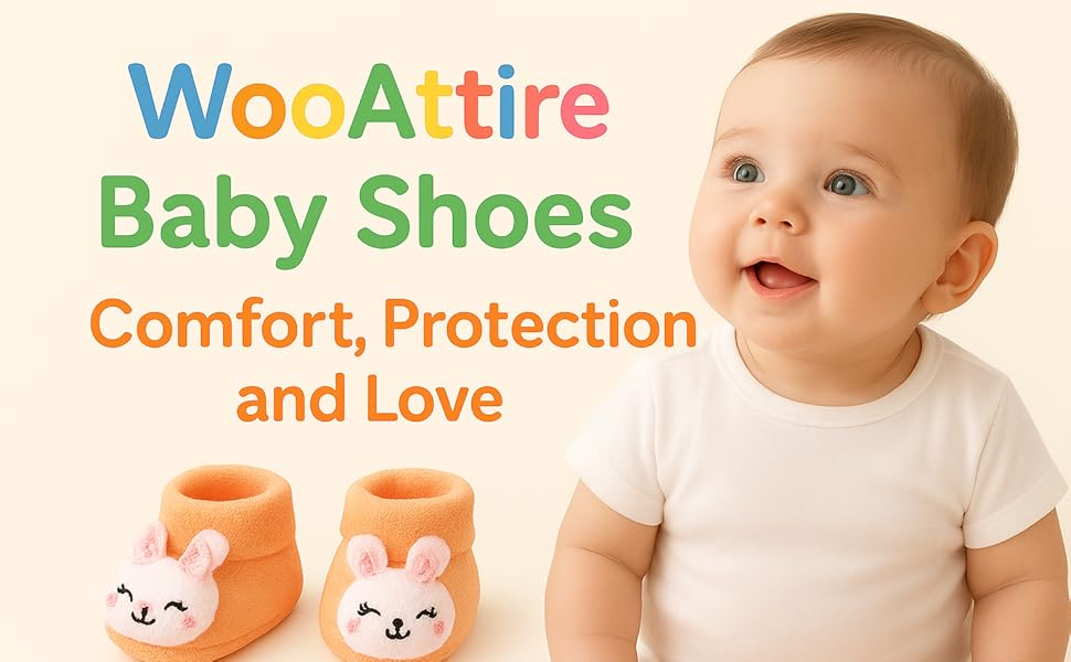 Baby with WoOAttire baby shoes and text about comfort, protection, and love.