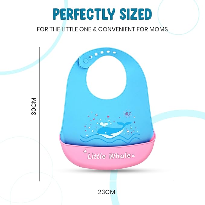 Blue and pink baby bib with whale design and measurements on a white background