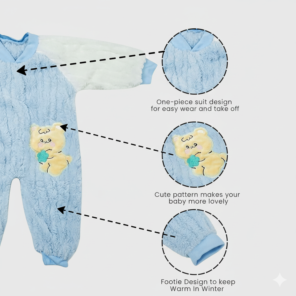 Blue baby onesie with bear design, shown with features highlighted on a white background.