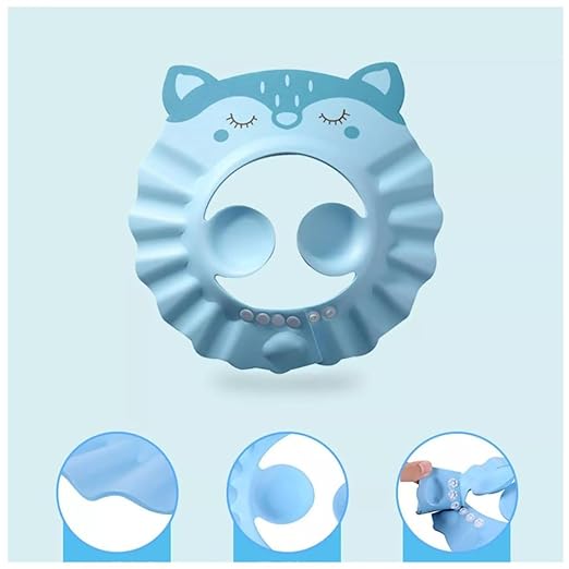 Blue baby shower cap with fox design on a light blue background