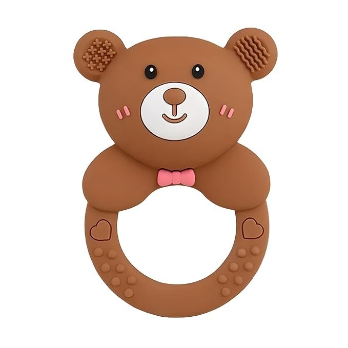 Brown bear-shaped teething ring on a white background