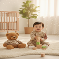 Child playing with blocks and a teddy bear in a cozy room