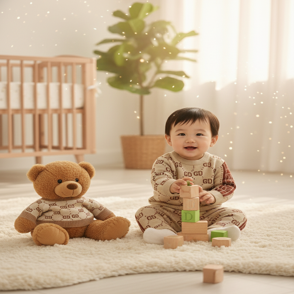 Child playing with blocks and a teddy bear in a cozy room