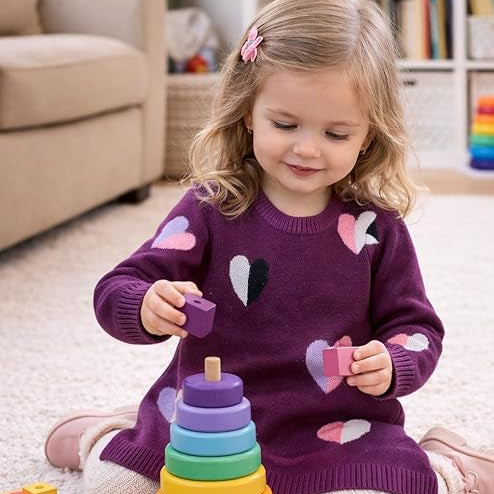Child playing with colorful toys on a carpeted floor