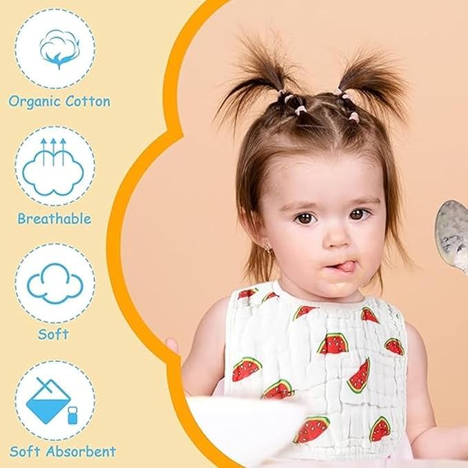 Child wearing a dress with watermelon pattern on a beige background with organic cotton benefits displayed.