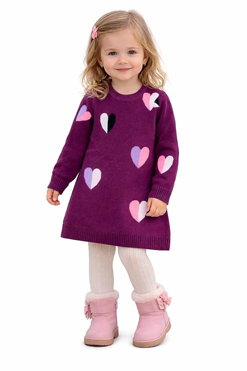 Child wearing a purple sweater with heart patterns and pink boots on a white background