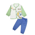 Children's outfit with a space-themed shirt and blue pants on a white background
