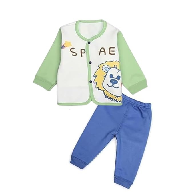 Children's outfit with a space-themed shirt and blue pants on a white background