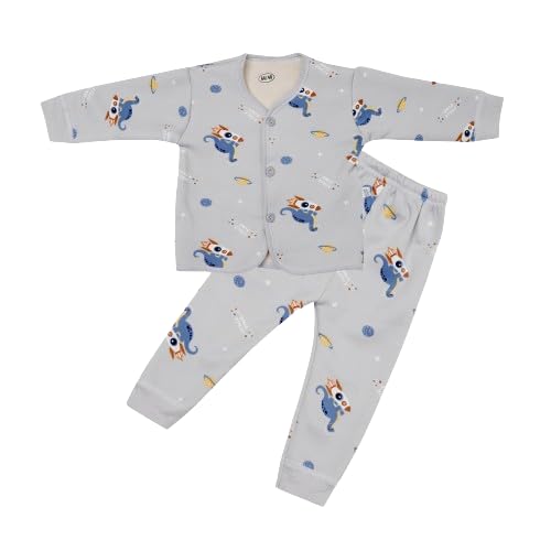 Children's pajama set with cartoon designs on a white background