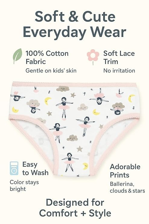 Children's underwear with ballerina, cloud, and star design on a white background