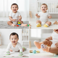 Collage of a baby playing with toys in a home setting