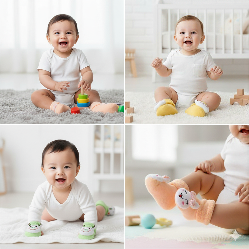 Collage of a baby playing with toys in a home setting