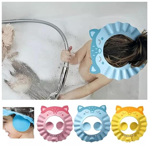 Collage of a child using a blue shampoo cap in a bathtub, with additional colorful shampoo caps displayed below.