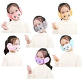 Collage of a child wearing various animal-themed face masks with earmuffs.