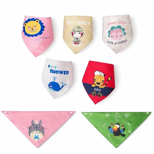 Collection of colorful baby bibs with various designs on a white background