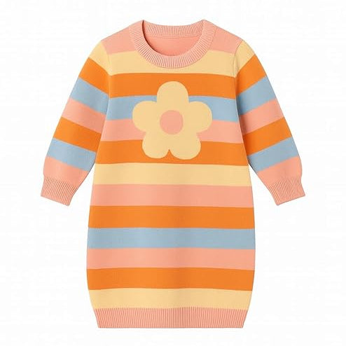 Colorful striped dress with a flower design on a white background
