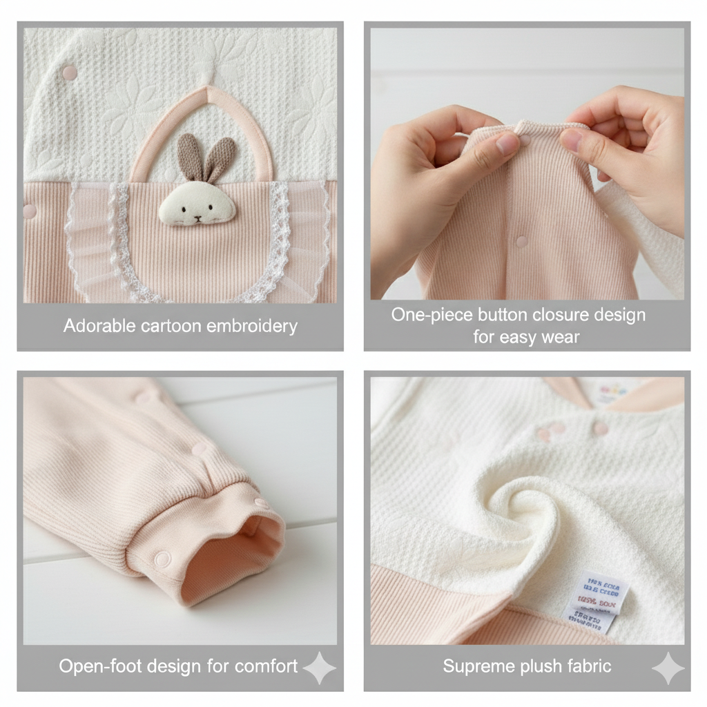 Baby outfit with cartoon embroidery, button closure, open-foot design, and plush fabric shown in four panels.