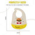Baby bib with cartoon burger design and measurements on a white background
