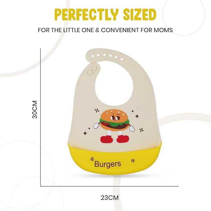 Baby bib with cartoon burger design and measurements on a white background