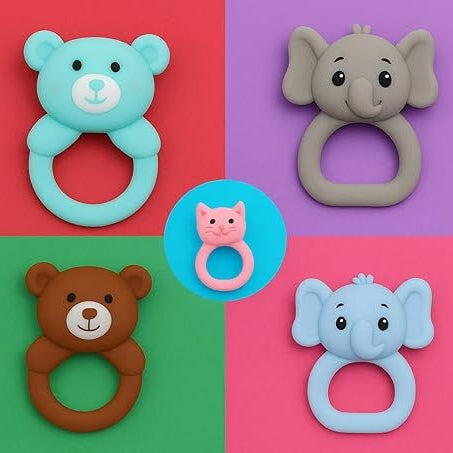 Four animal-themed baby teether rings on a colorful grid background
