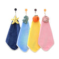 Four colorful baby towels with cartoon character ends on a white background