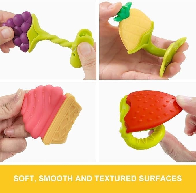 Four silicone fruit-shaped teething toys held by hands with a text overlay about surface textures.