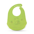 Green silicone bib with a cartoon character on a white background