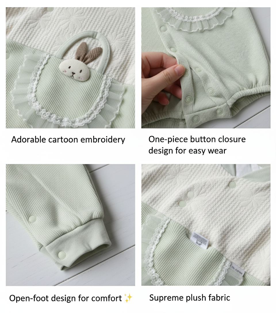 Baby outfit with cartoon embroidery, button closure, open-foot design, and plush fabric on a white background.