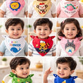 Grid of children wearing colorful bibs with various designs.