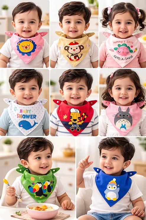 Grid of children wearing colorful bibs with various designs.