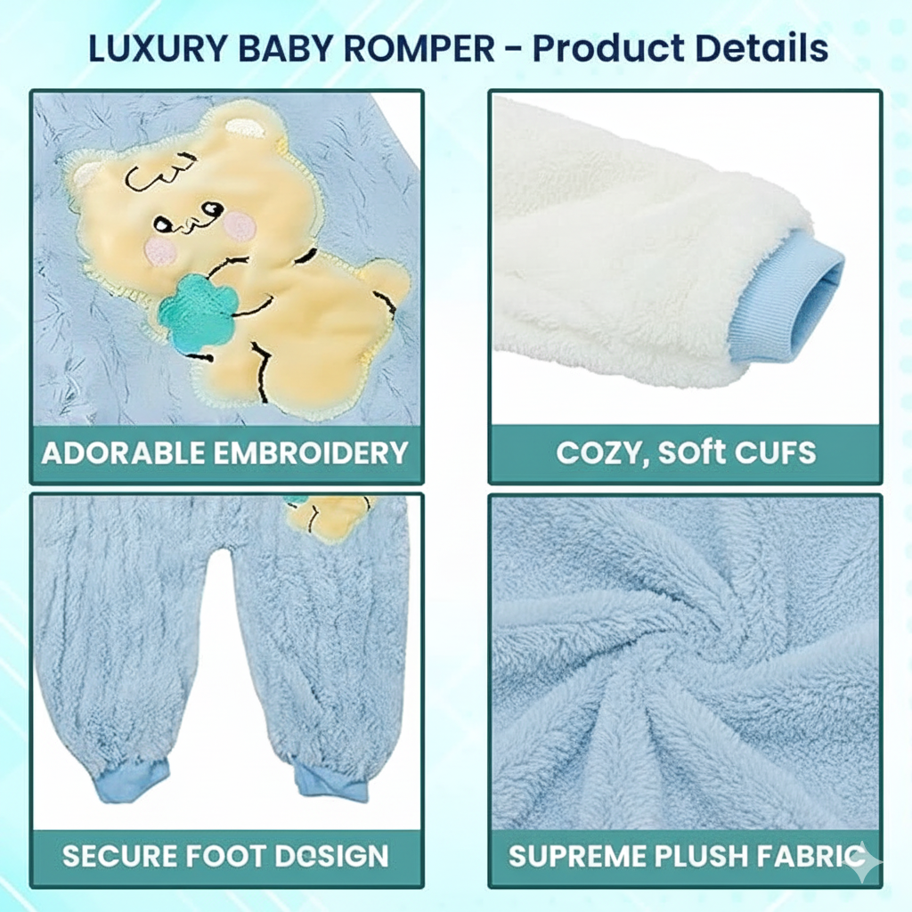 Luxury baby romper with embroidered bear, cozy cuffs, secure foot design, and supreme plush fabric on a blue background.