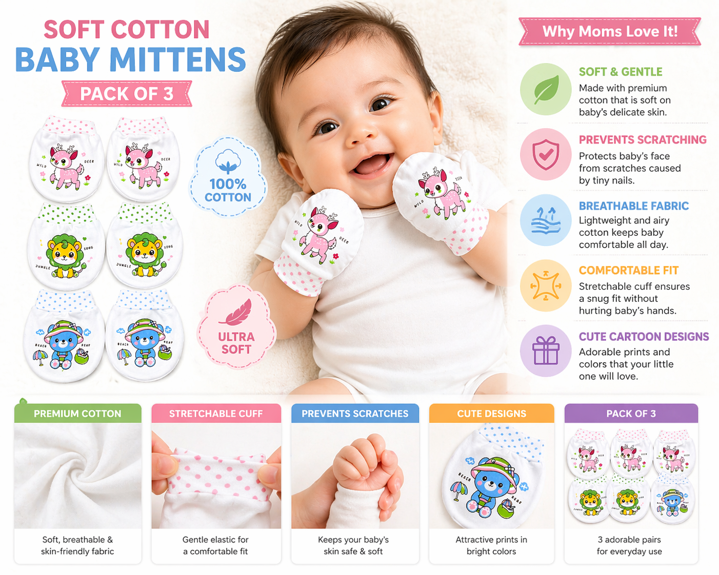Baby Soft Cotton Mittens Pack of 3 | Newborn Anti Scratch Gloves | Cute Cartoon Design | 0-6 Months