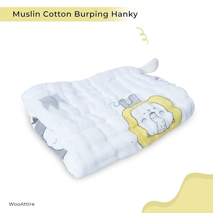 Muslin cotton burping hank with cartoon design on a white background