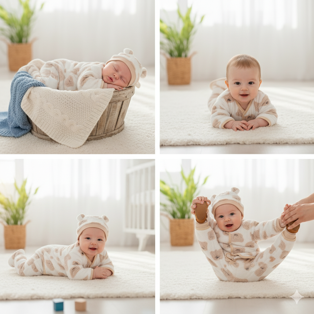 Collage of a baby in various poses with toys and a teddy bear in a bright room.