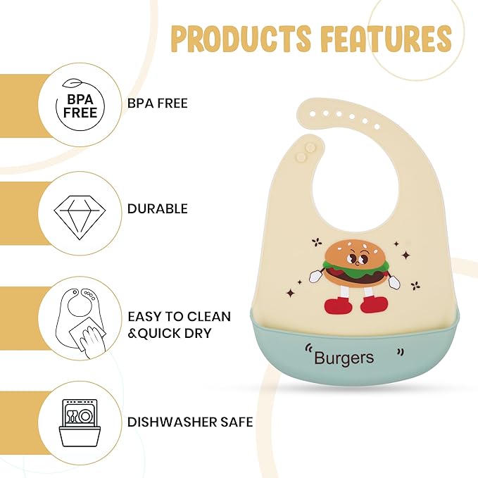 Baby bib with cartoon burger design on a white background with features listed.