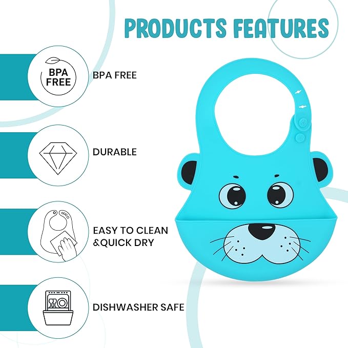 Blue cartoon-style product with features listed on a white background
