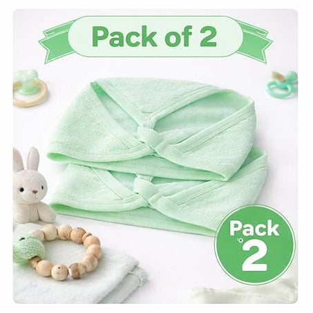 Pack of 2 green baby items including a hat, teether, and rattle on a white background.