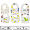 Pack of 6 baby bibs with various patterns on a white background